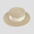 Elegant cream white flat top straw hat featuring a chic satin ribbon lace-up decoration - D-582 Beige With White Trim / M (56-58cm)