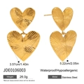 Golden double heart stainless steel earrings with radial texture and product specifications - JDE0106003 (Double Heart Textured) / Gold