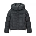 Detailed close-up of hooded puffer jacket featuring geometric print and adjustable drawstring - S / Black