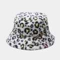 Colorful faux fur bucket hat with neon leopard print pattern for women in winter - M (56-58cm) / Rainbow Small Leopard White