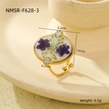 Detail of gold oval ring with purple dried flowers and dimensions 2.2cm by 1.97cm - White Oval (NMSR-F628-3)