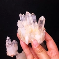 Natural white crystal cluster specimen with translucent points on yellow matrix rock - Approx. 150-200g