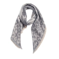 Detailed close-up of grey leopard print scarf with soft texture and beige tassel fringe - Leopard Grey