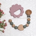 Pink lion silicone teether with green beaded pacifier clip on lace background - Lion Teether + Beaded Chain / Grey Green