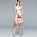 Elegant beige embroidered mesh midi dress with high waist and colorful floral patterns - S / Apricot