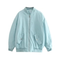 Women's casual oversized light blue bomber jacket with full zip and ribbed cuffs - Light Blue