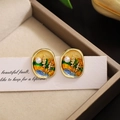 Vintage style square pearl drop earrings with green enamel painting and gold frame - Colored Nature Landscape Enamel Pearl (E1912-8)