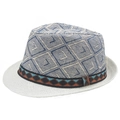 Weißer Strohhut mit blauem Rautenmuster und dekorativem Band im Ethno-Stil - M (56-58cm) / Marineblau