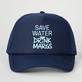 Navy blue trucker hat featuring Save Water Drink Margs print with mesh back design - One Size / All Navy Blue