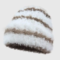Winter striped faux fur beanie hat in cream white and light brown knitted pattern - White Brown Slouchy Beanie