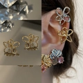 Hollow flower ear cuffs in gold and silver plating with pink gemstones and zircons - MY30118-Hollow Flower Gold Silver Layered Set