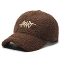 Dark brown faux shearling baseball cap featuring white HEART embroidery for autumn winter - Coffee