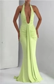 Elegant lime green deep V-neck ruched maxi dress with sleek fishtail silhouette - Matcha Green