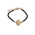 Ethnic style Guadalupe Virgin charm bracelet with gold plating and cubic zirconia on black cord - Virgin Mary Pendant Black Rope