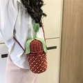 Cute strawberry shaped handmade woven bucket bag with green leaf top and red shoulder strap - Strawberry