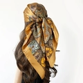 Classic paisley pattern square headscarf in satin silk texture with bronze floral print - 90x90cm / Camel (D9239)
