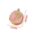 Pink enamel rose flower pendant in golden stainless steel oval frame, size 20x15mm - Oval Rose / Pink