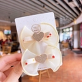 Cream polka dot mesh bow hair clips with glitter hearts and red dots for girls - FJ085-12# Heart Mesh Small Bow Hair Clips Pair