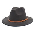 Detailed view of dark grey wool fedora hat featuring a brown leather belt with gold buckle - M (56-58cm) / Dark Gray