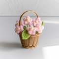 Handmade crochet pink flower bouquet in a woven basket for home decor and gifts - Puff Flower Pink