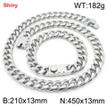 Silver 13mm Miami Cuban link necklace and bracelet set with shiny finish and gear clasp - Style A (13mm) / Bracelet 21cm + Necklace 45cm / Steel