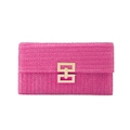 Handcrafted woven straw clutch in vibrant hot pink with elegant gold geometric metal buckle - 27x15x2CM / Rose Red