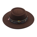 Dark coffee wool felt wide brim boater hat with ethnic beaded band and turquoise stone - Coffee