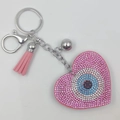 Pink heart rhinestone keychain with evil eye pattern, pink tassel and metal ring - Pink