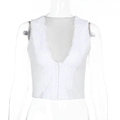 Close-up of white lace trim and V-neckline detail on a ribbed cropped camisole top - S / White