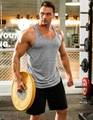Men's grey fitness vest with racerback cut shown on model during barbell training - Gray