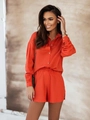 Detail of rust orange linen texture on women long sleeve shirt and elastic shorts set - Orange Red