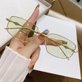 Retro small square gold metal sunglasses with light yellow transparent lenses - Golden Frame / Light Green Lens