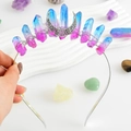 Detail of handmade blue-purple crystal crown with silver moon on a metal headband - Blue & Pink