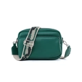 Dark green leather crossbody camera bag with dual zippers and woven patterned strap - Green