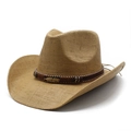 Ethnic straw cowboy hat with golden leaf metal pendant and brown leather decorative band - M(56-58cm) / Khaki