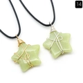 Natural green crystal star pendant with gold and silver wire wrapping on black cord - Lemon Jade
