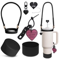 Detail showing black silicone handle strap, boot, and heart charm on a Stanley tumbler - Black Heart Bead Set