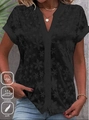 Women's summer black V-neck shirt with delicate lace floral embroidery and short sleeves - S / Black