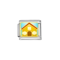 Italienisches Edelstahl-Charm-Modul mit gelbem Haus auf hellblauem Hintergrund - Ländlicher Hüttenstil (Y140)