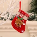 Calza di Natale rossa con peluche a forma di orsetto, polsino a quadri e fiocchi - Orso