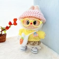 Plush doll outfit set with pink knit hat, yellow sweater and plaid skirt for Labubu - Yellow-rimmed Glasses + Purple Canvas Shoes + Light Brown Plaid Skirt + Japanese-style Handmade Pink And Yellow Three-piece Set / First And Second Generation Keychains Are Compatible With La Cloth Dolls. Dolls Not Included.