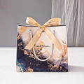 Royal blue marble gift bag with gold silk ribbon bow and silver rope handle - Single Gold Ribbon / Gilded Royal Blue / Small 18*16*10cm