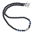 Macro view of 6mm black obsidian and tiger eye beads with silver OT clasp detail - Lapis Lazuli Necklace