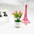 Artificial mini potted plant with purple flowers and white striped ceramic pot - Pink Gypsophila