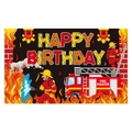 Cartoon firefighter theme birthday banner with fire truck and happy birthday text - Firefighter Backdrop