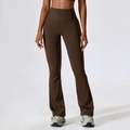 High-waisted wide leg yoga flare pants in dark coffee brown with seamless tummy control - S / Bottoms / Coffee