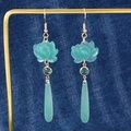 Elegant gold lotus earrings with cyan blue waterdrop pendants and green gemstones - Cyan Waterdrop Lotus Style (N-323)