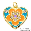 Detail of heart-shaped floral enamel pendant with golden finish and zircon accents - Orange Blue Contrast Flower Style