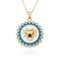 Gold lion head necklace with blue enamel and sparkling rhinestones on white background - Light Blue White Enamel Lion Head Style (D553)