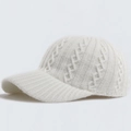 Beige cable knit baseball cap for women, stylish thermal winter hat with ribbed brim - Adjustable / White
